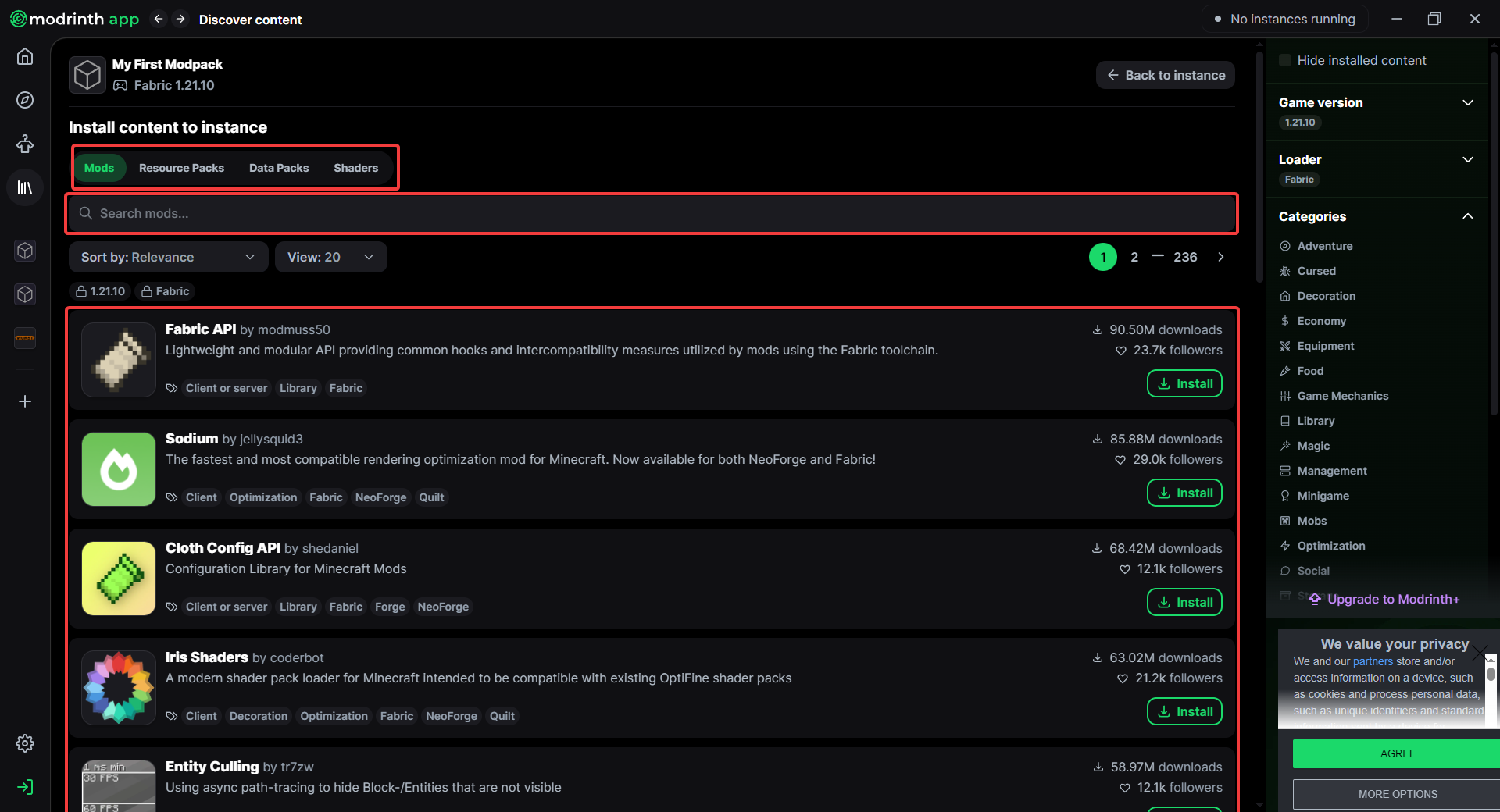 Searching for mods in Modrinth